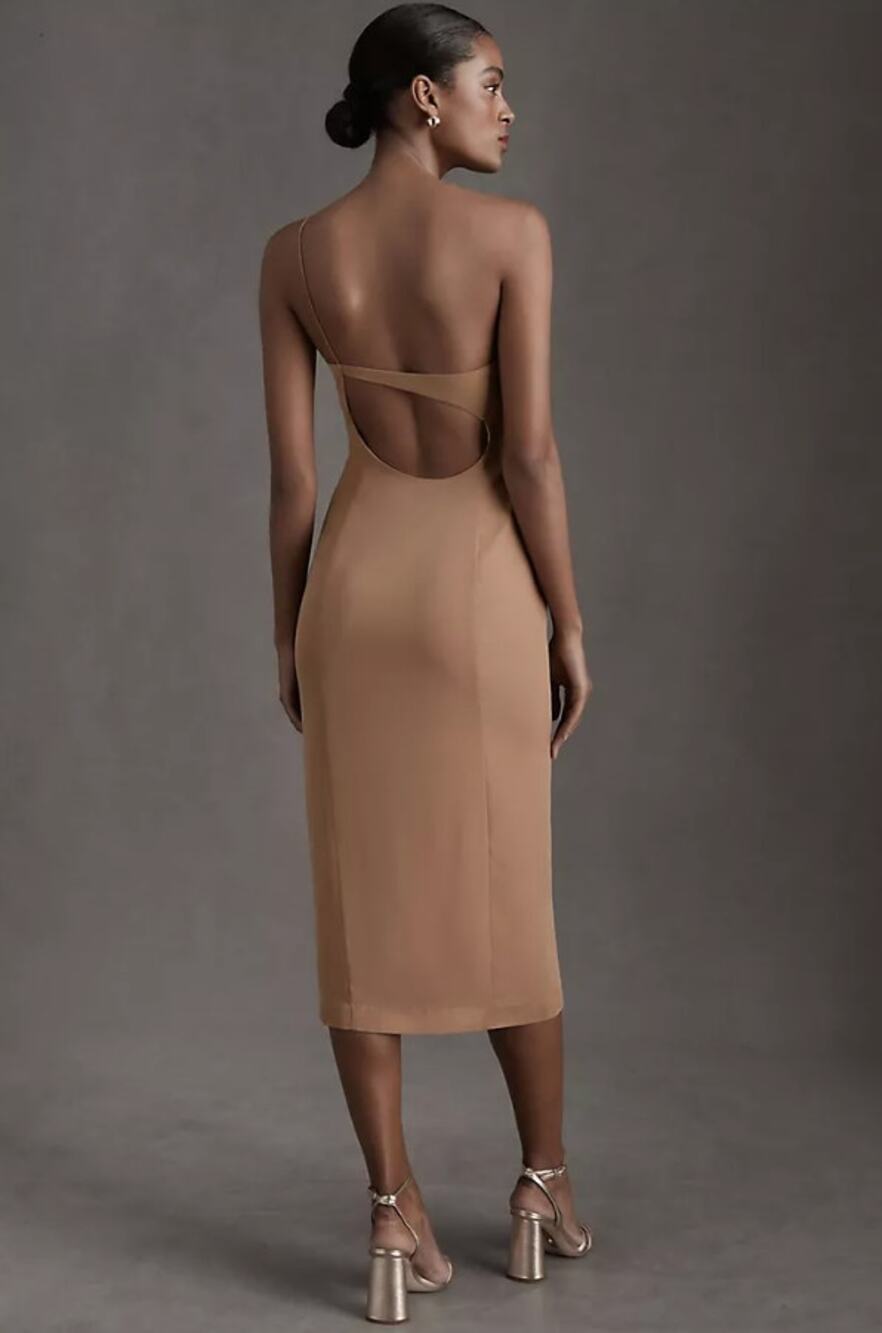 NWOT BHLDN Anamaria Georgette Midi Dress Tan Beige One Shoulder Women's size 12